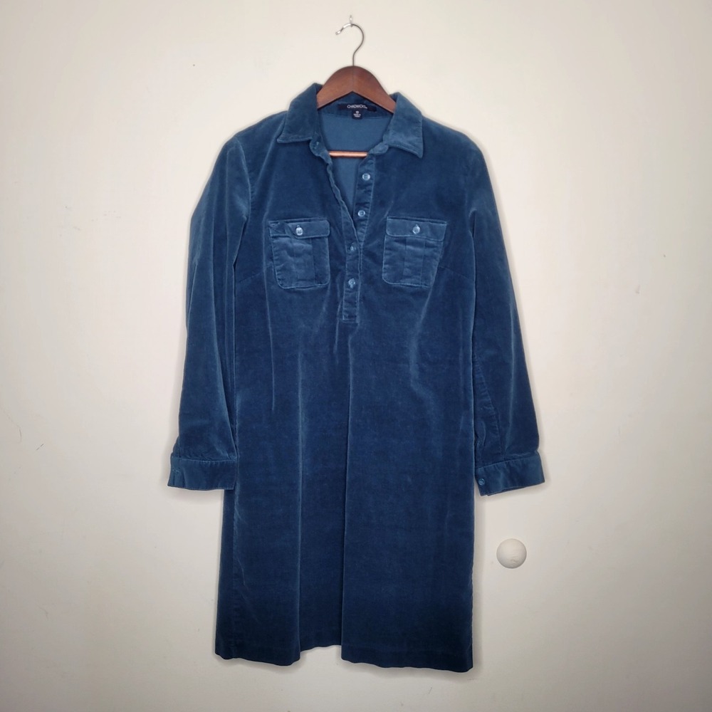 Chadwicks Sz 10 Teal Popover Corduroy Dress L/S Button Collared Shift Shirt Farm